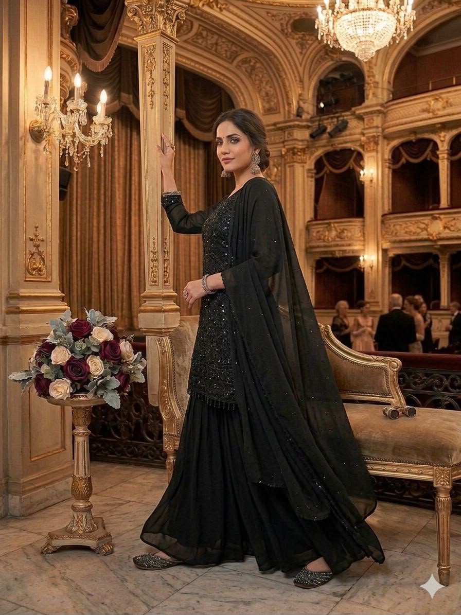 Beads & Sequin Embroidery Work Kurti, Palazzo & Dupatta Set