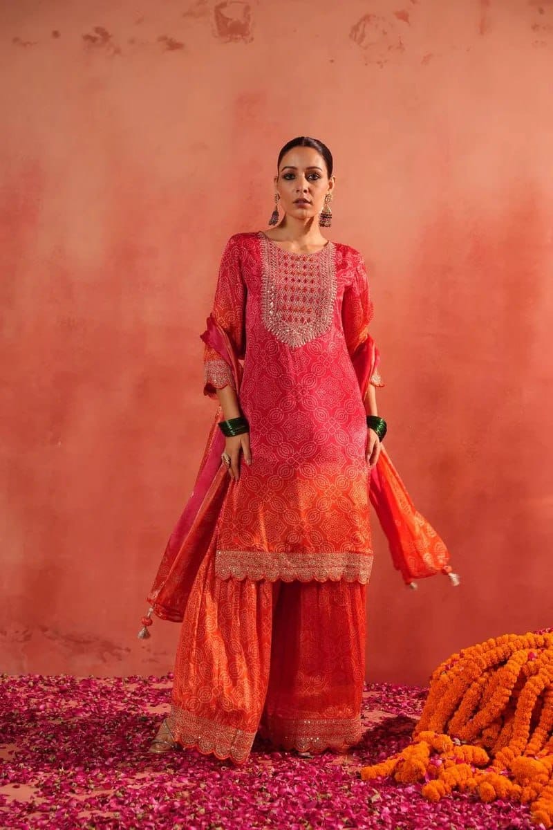 Festive & Party Wear Bandhej Print Top, Sharara & Dupatta Set