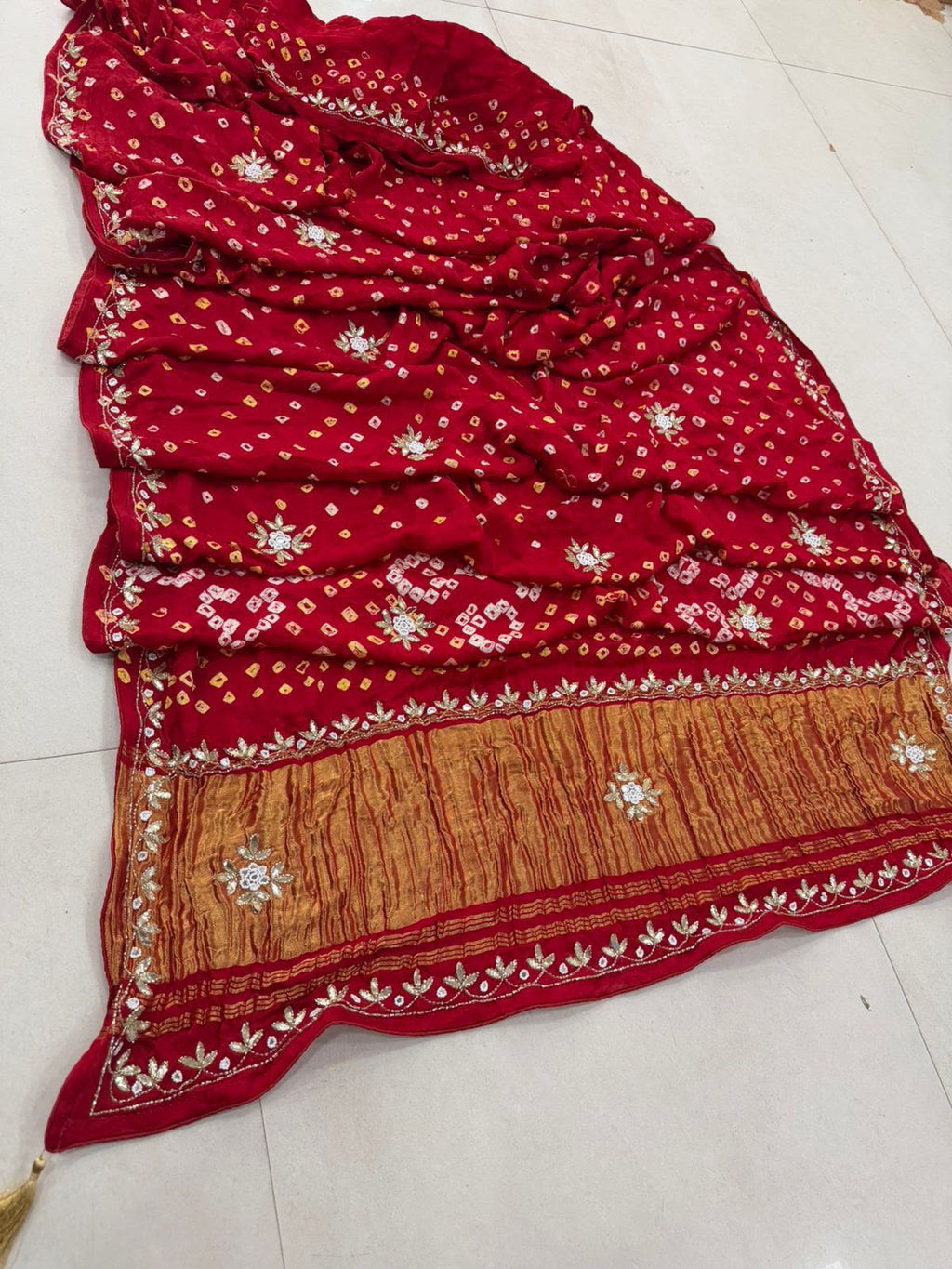 Gaji Silk Original Bandhani With Gota Pati Hand Work Saree