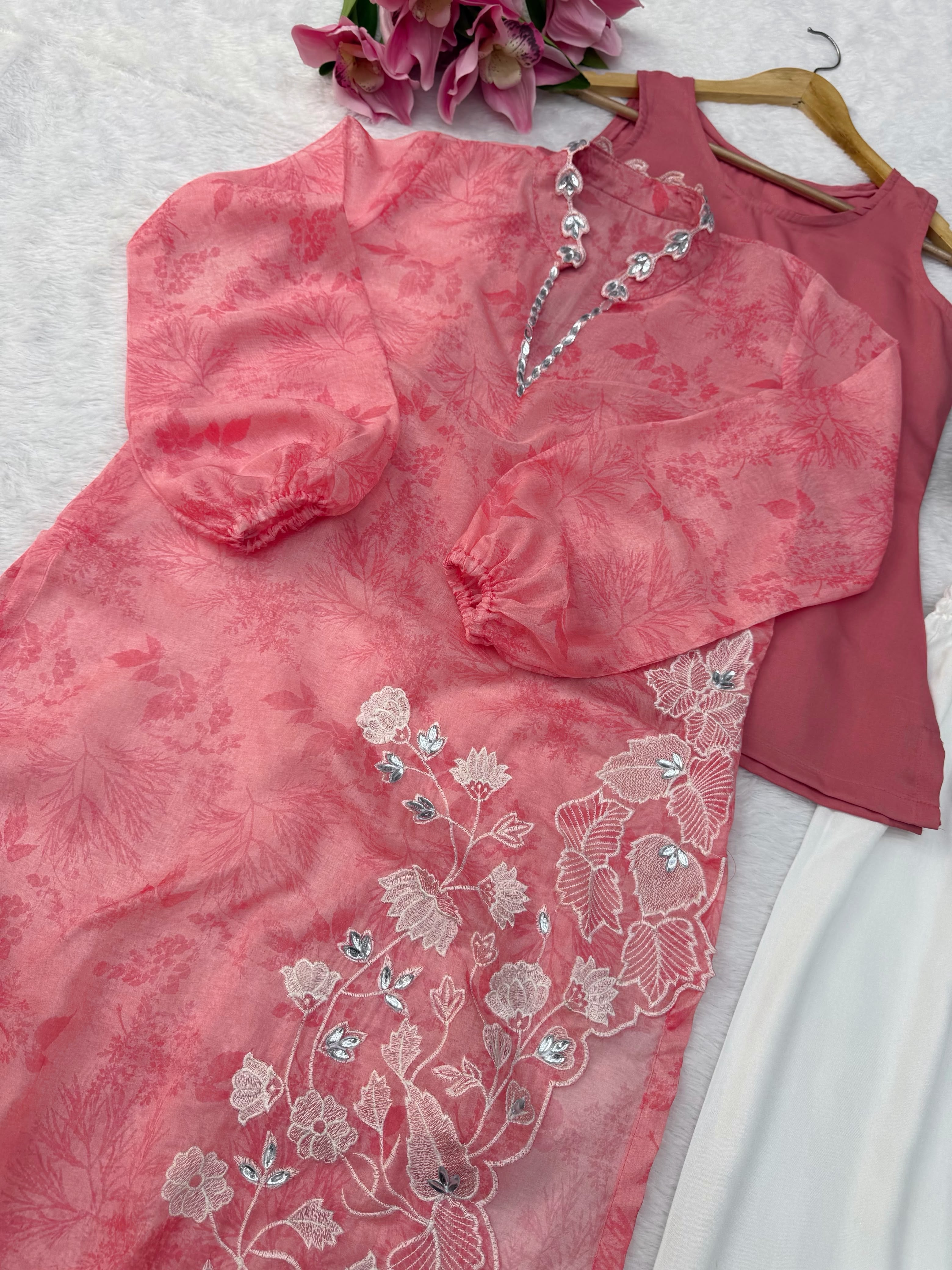 Organza Digital Print Shrug, Pant & Inner Top Set