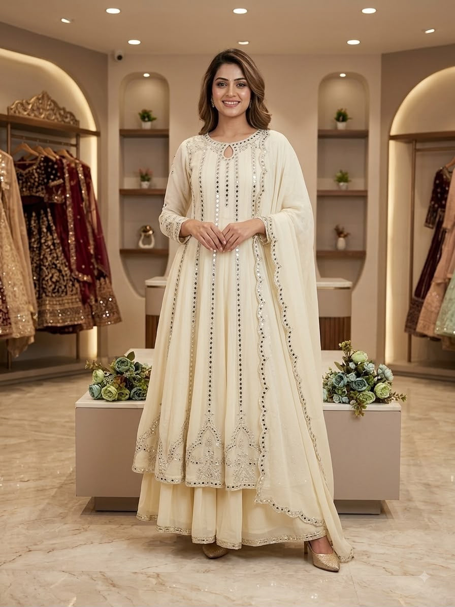 Gown, Lehenga & Dupatta Set with Sequence Embroidery & Real Mirror Work