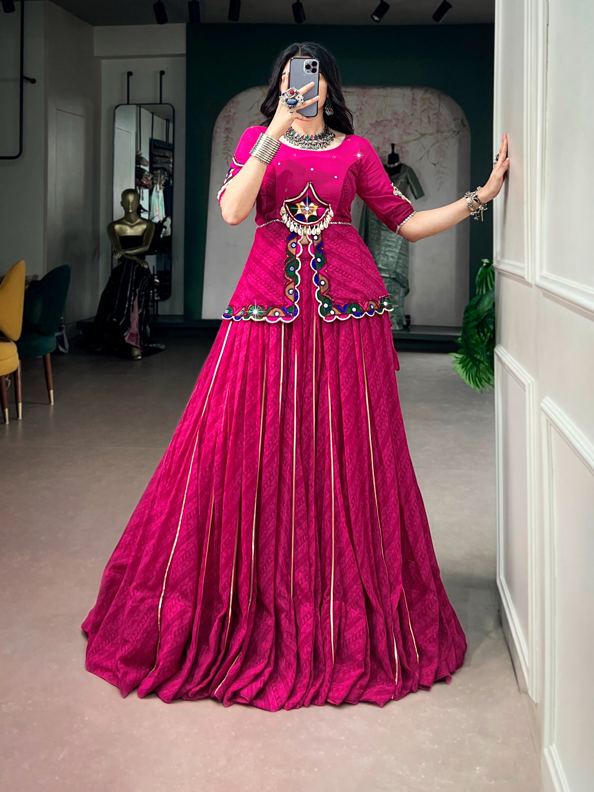 Navratri 2026 Georgette Printed Gota Patti Lehenga with Gamthi Mirror Lace Blouse