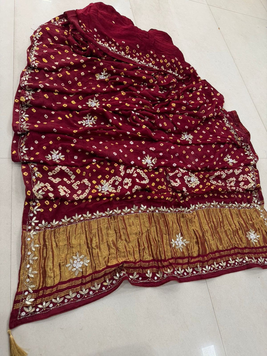 Gaji Silk Original Bandhani With Gota Pati Hand Work Saree