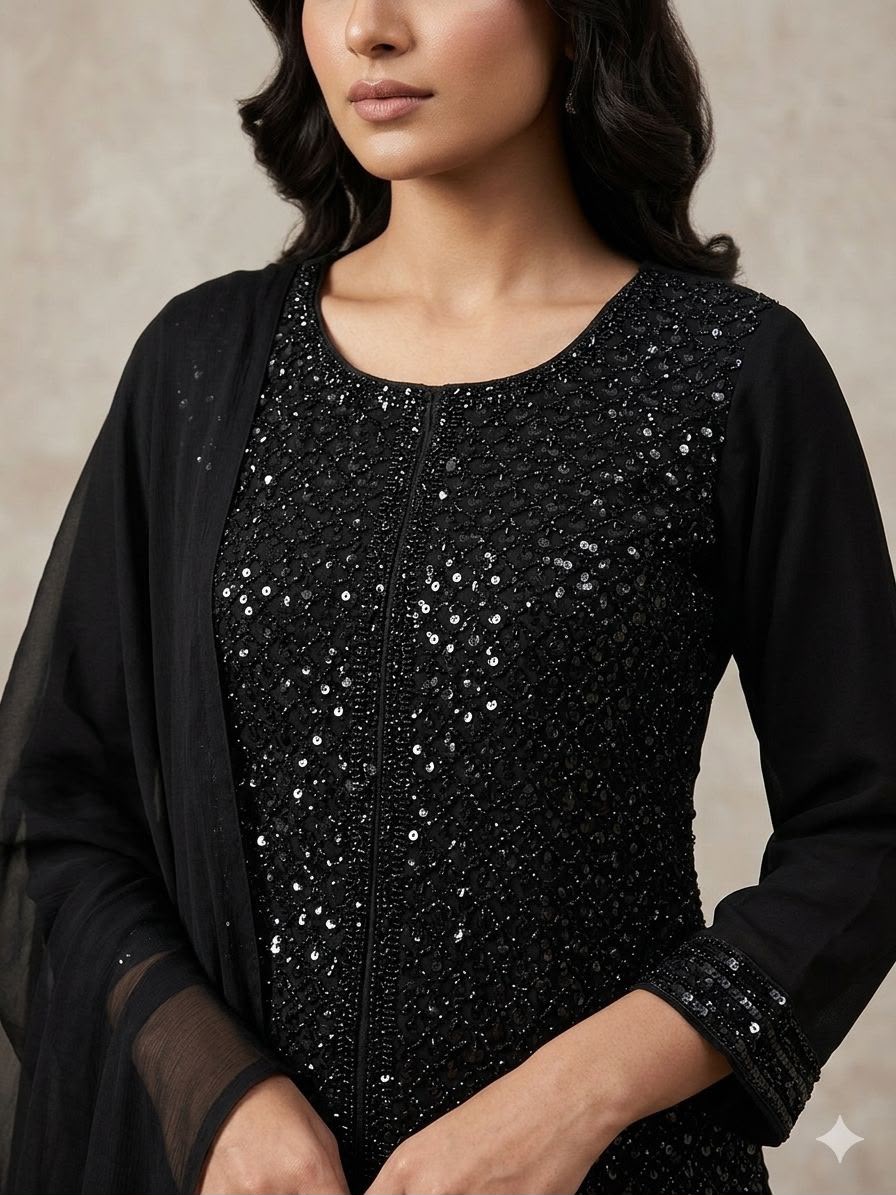 Beads & Sequin Embroidery Work Kurti, Palazzo & Dupatta Set
