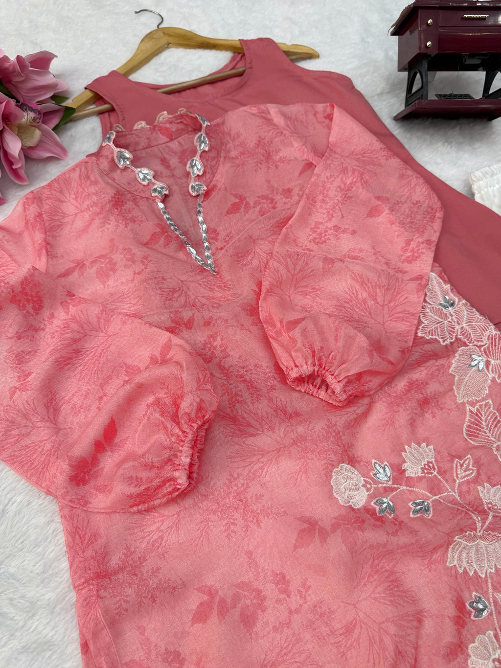 Organza Digital Print Shrug, Pant & Inner Top Set