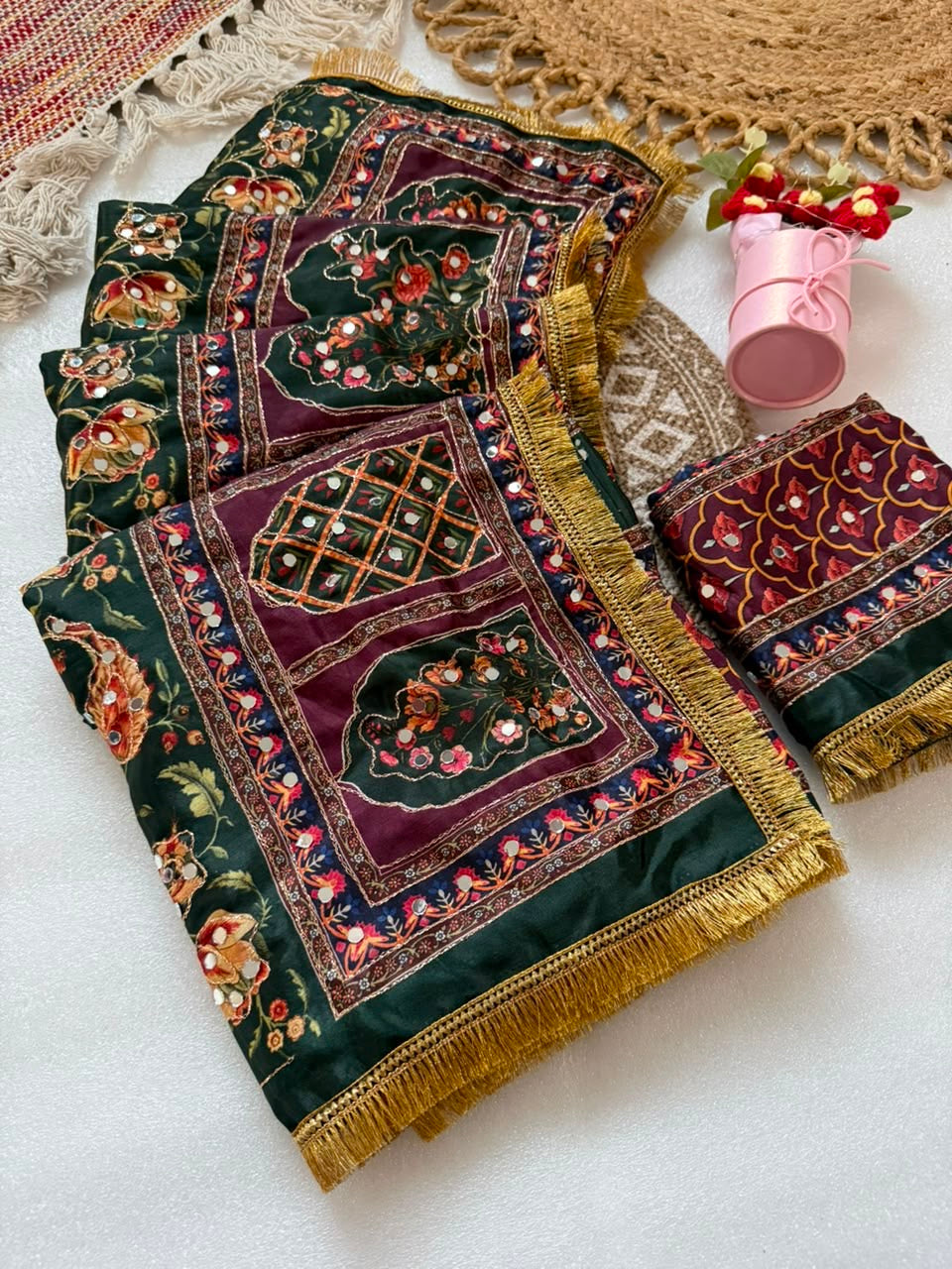 Pure Marshmellow Shiny Chinnon Silk Ajarakh Print Saree
