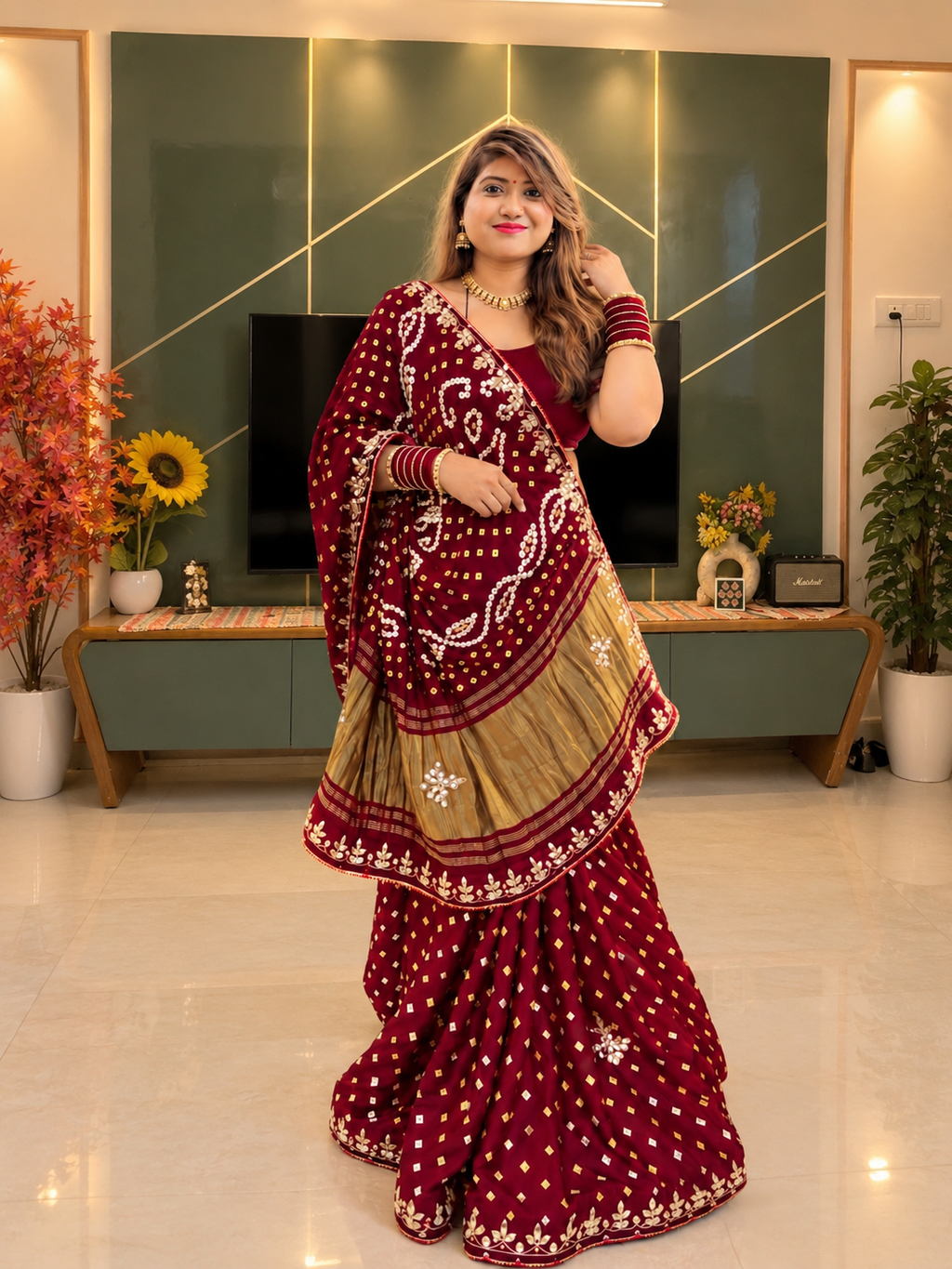 Gaji Silk Original Bandhani With Gota Pati Hand Work Saree