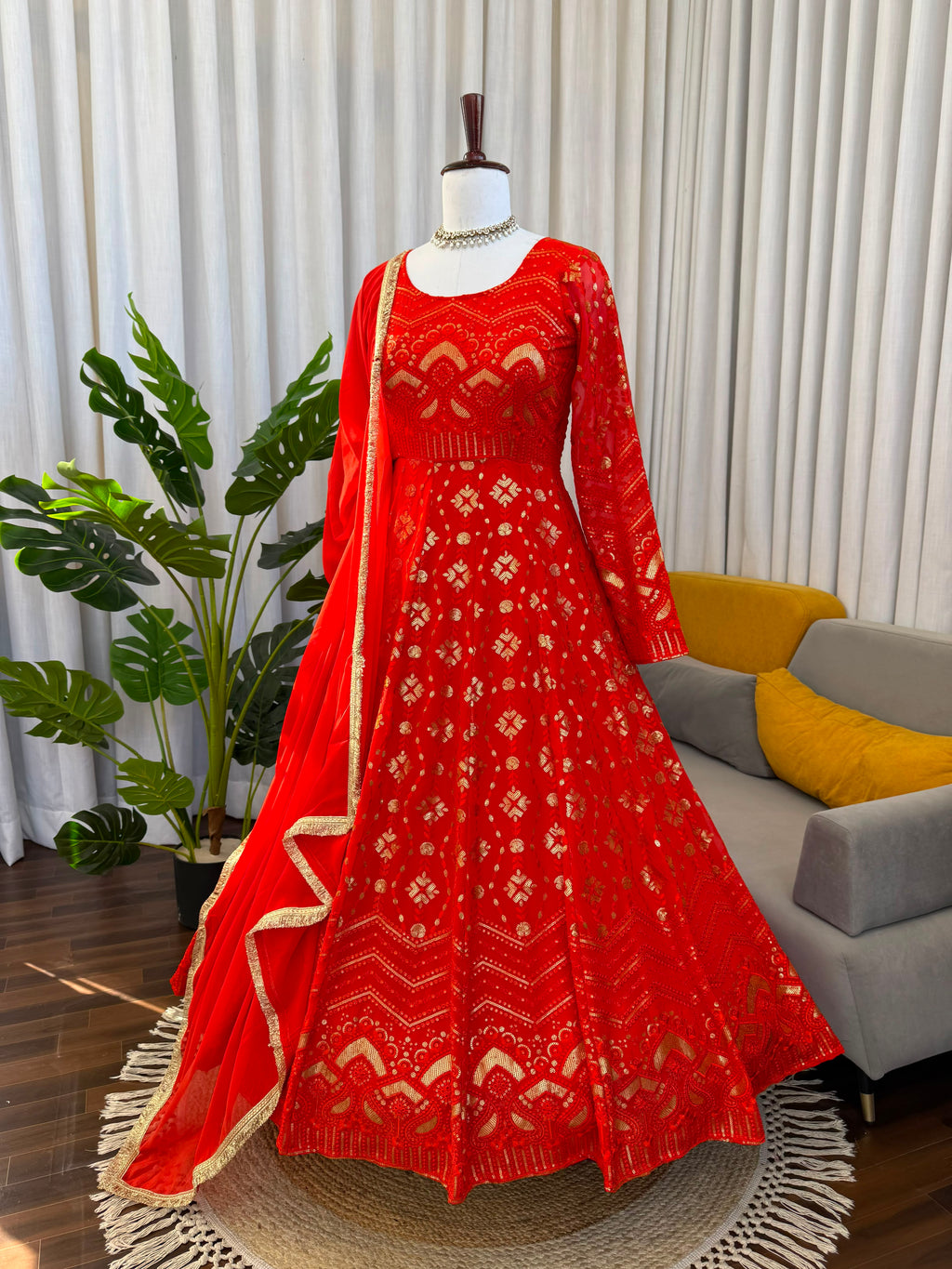 Thread & Sequin Work Gown, Pant & Dupatta Set