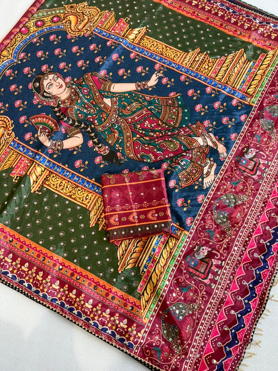 Rashmika Soft Japan Crepe Geruva Print Saree with Real Mirror Work