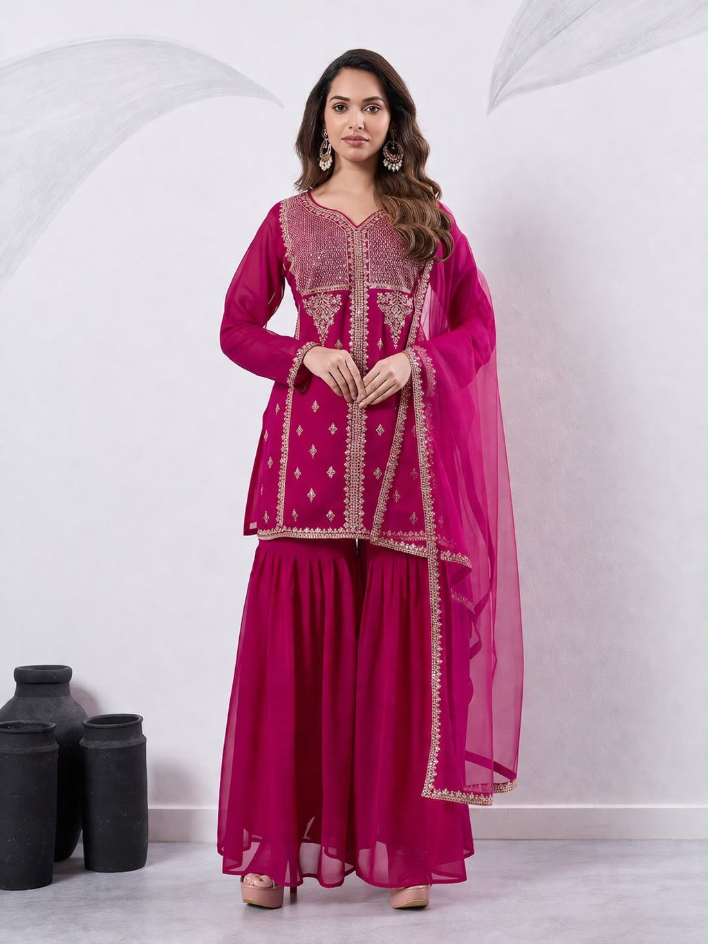 Embroidered Top, Palazzo & Dupatta Set