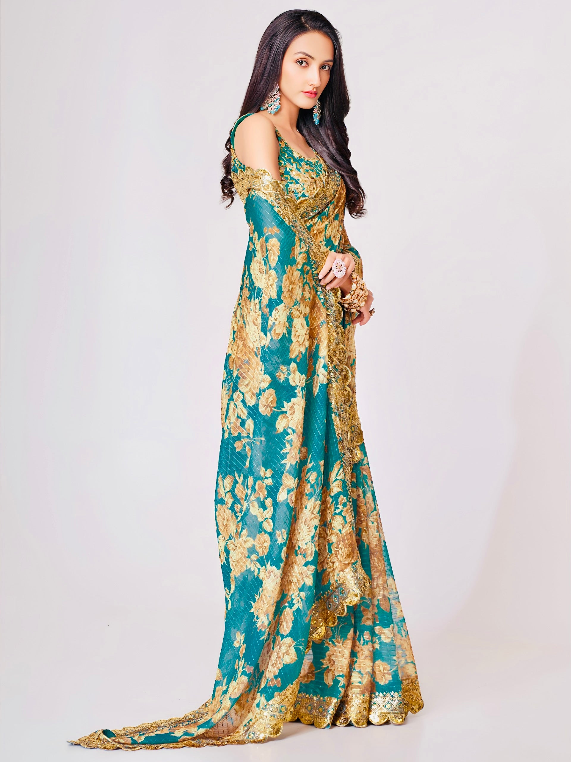 Teal Floral Elegance Saree