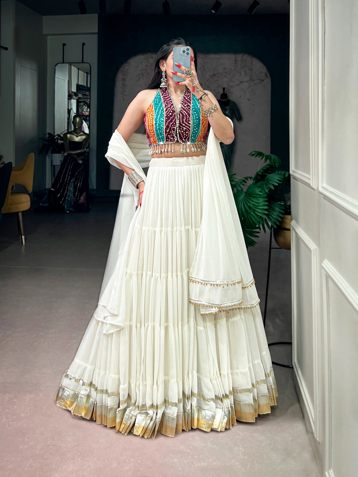 Navratri 2026 Embossed Lace Lehenga with Bandhani Mirror Work Blouse