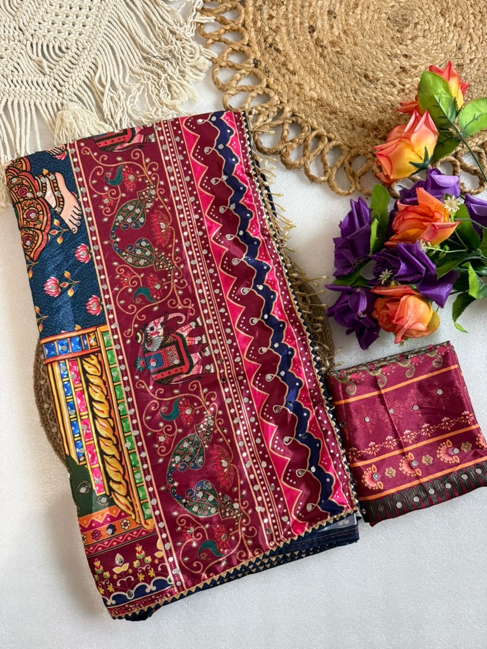 Rashmika Soft Japan Crepe Geruva Print Saree with Real Mirror Work