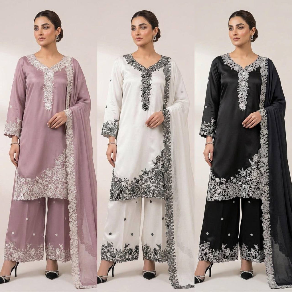 Sequin Embroidery Work Top, Palazzo & Dupatta Set