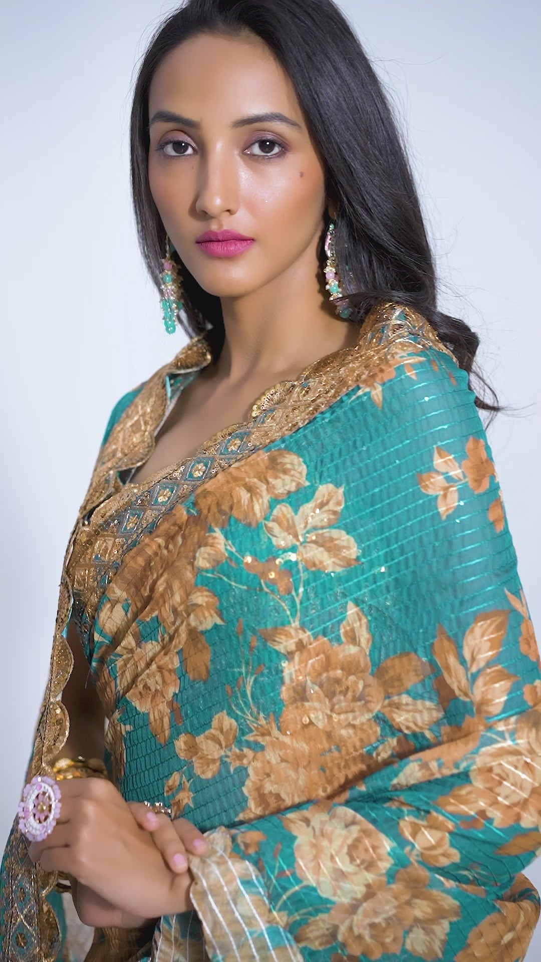 Teal Floral Elegance Saree